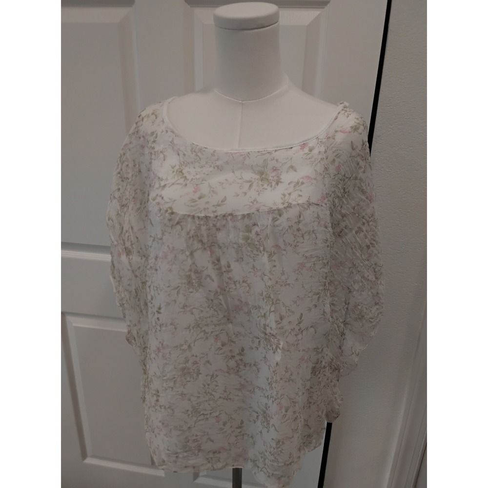 Carla Conti Womens Floral Print Sheer Overlay Tunic Top White Pink Green -L